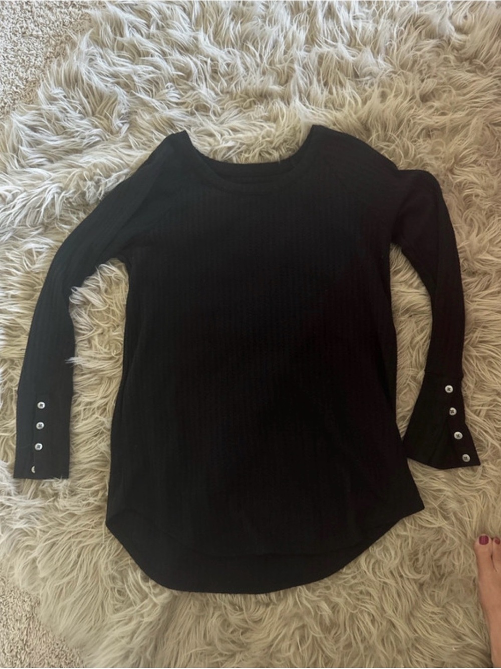 Chaser Black Waffle Scoop Neck Tunic length Top with Cuff Buttons